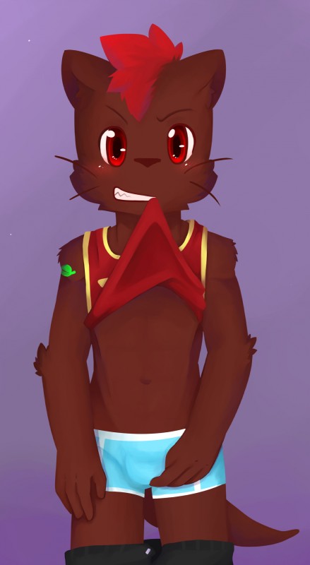 adolescent anthro blush boxer_briefs brown_body brown_fur bulge clothed clothing clothing_lift fur hair male navel red_eyes red_hair shirt shirt_lift simple_background solo tank_top topwear underwear young young_anthro kake0078 cuttingleaf mammal mustelid otter absurd_res hi_res