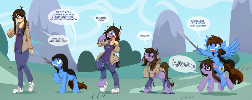 ahoge alternate_species anthro awoo blue_body blue_fur bottomwear brown_clothing brown_eyes brown_hair brown_jacket brown_mane brown_tail brown_topwear clothing cutie_mark denim denim_bottomwear denim_clothing duo eyewear female feral footwear forced forced_transformation fur furrification glasses hair hooded_cape hooves jacket jeans long_sleeves magic male male/female mane melee_weapon moan pants ponification ponyville purple_body purple_clothing purple_fur purple_shirt purple_topwear riding riding_on_back scared shirt shoes shrinking size_transformation sleeves_past_fingers sleeves_past_wrists species_transformation sword sword_in_mouth tail text topwear torn_clothing transformation transformation_sequence transformation_through_magic transfurmations weapon white_clothing white_footwear white_shoes wings mentalcrash converse hasbro my_little_pony mythology fan_character earth_pony equid equine horse human mammal mythological_creature mythological_equine pegasus pony winged_pony absurd_res english_text hi_res