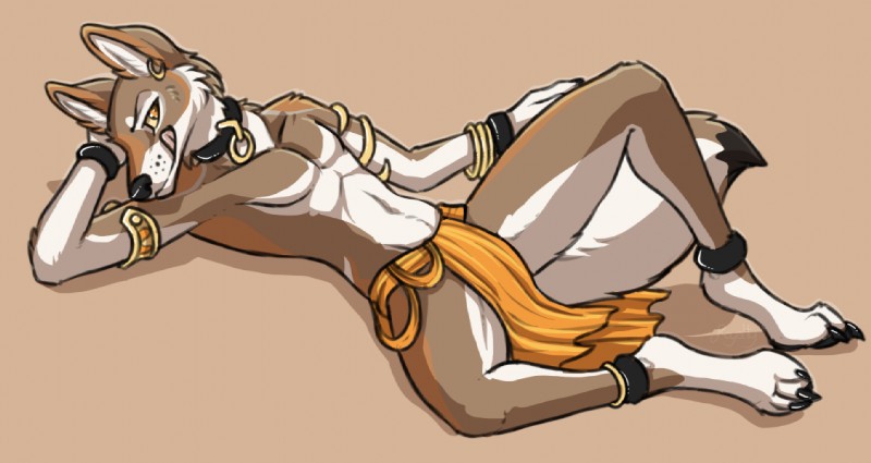 anthro biped bottomwear clothing collar ear_piercing jewelry licking licking_lips licking_own_lips loincloth lying male on_back piercing self_lick solo spread_legs spreading tongue tongue_out royalty_(artist) terak canid canine canis coyote mammal 2013 digital_media_(artwork)