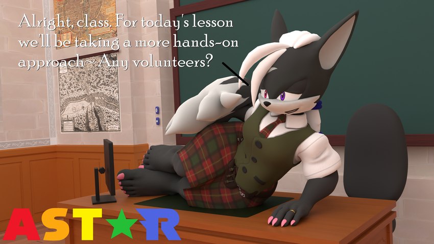 5_toes anthro black_hair bottomwear chair chalkboard clothing colored_nails desk feet furniture hair heterochromia inside kilt laying_on_table lying male nails necktie on_side pink_nails pink_toenails solo table text toenails toes topwear vest white_hair sparkliiastor sega sonic_forces sonic_the_hedgehog_(series) infinite_(sonic) canid canine canis humanoid jackal mammal absurd_res hi_res