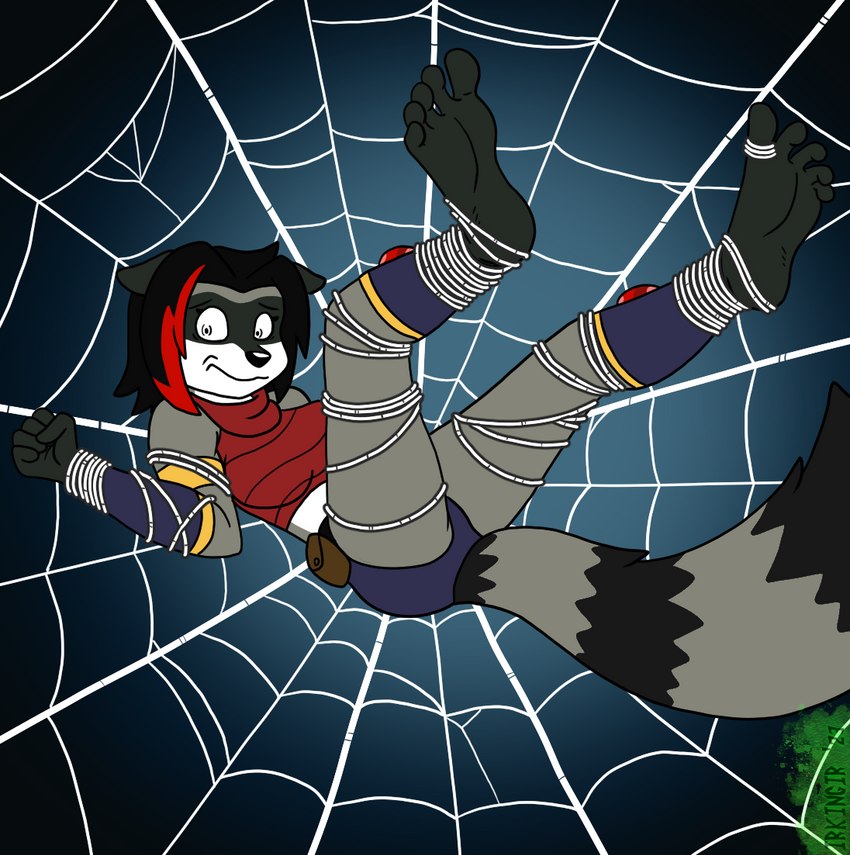 5_toes anthro arthropod_webbing black_hair bound feet female foot_fetish fur grey_body grey_fur hair highlights_(coloring) humanoid_feet plantigrade soles solo spider_web toes web_bondage irkingir jenn_(irkingir) mammal procyonid raccoon