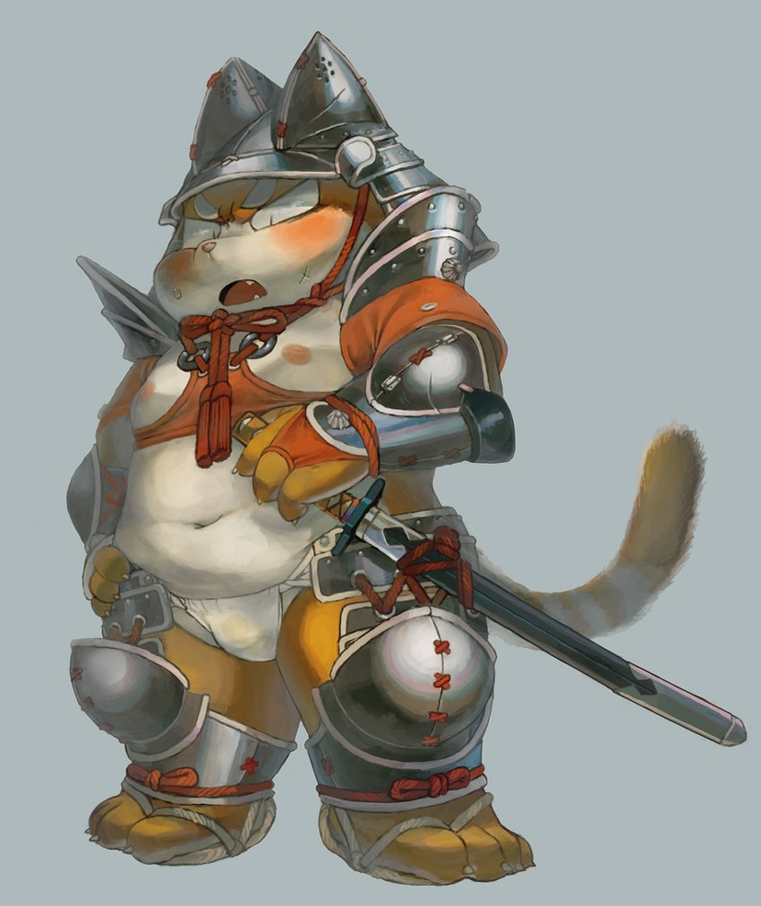 anthro armor asian_clothing belly blade blush bodily_fluids claws clothing east_asian_clothing fundoshi fur genital_fluids head_gear headgear headwear helmet japanese_armor japanese_clothing katana kemono kemonowhite_fur male melee_weapon moobs navel nipples orange_body orange_fur overweight overweight_anthro overweight_male pants_wetting peeing scar solo stained_underwear sweat sword underwear urine urine_stain weapon wet wet_clothing wetting white_belly white_body young young_anthro gappu domestic_cat felid feline felis mammal hi_res