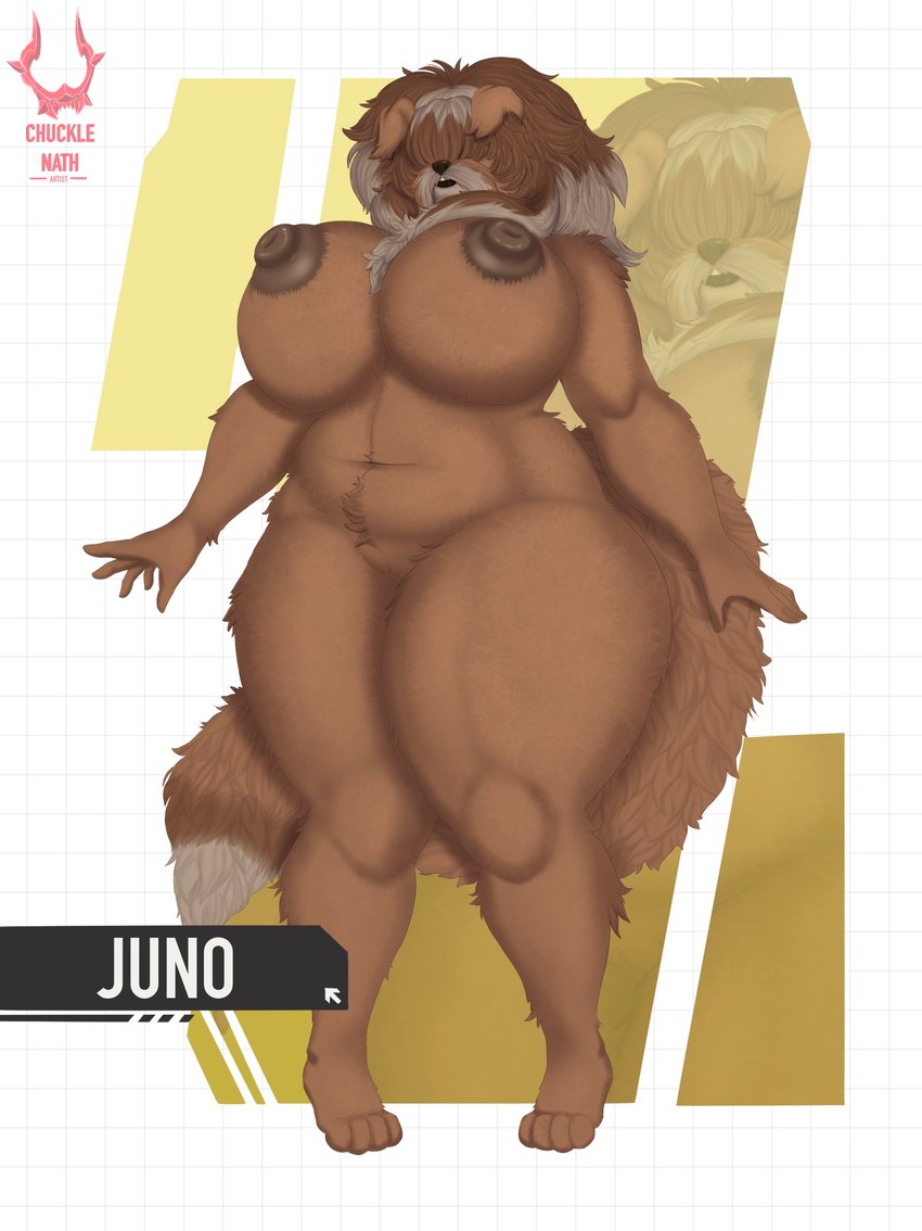 anthro areola big_areola big_breasts breasts brown_areola brown_body brown_fur brown_hair covered_eyes crotch_tuft curvy_figure female fur hair huge_breasts multicolored_hair navel nude slightly_chubby slightly_chubby_female solo thick_thighs tuft two_tone_hair voluptuous wide_hips aomaarts elegg_(nikke) juno_(charliecorvinus) canid canine canis domestic_dog livestock_guardian_dog mammal molosser mountain_dog pastoral_dog tibetan_mountain_dog absurd_res hi_res