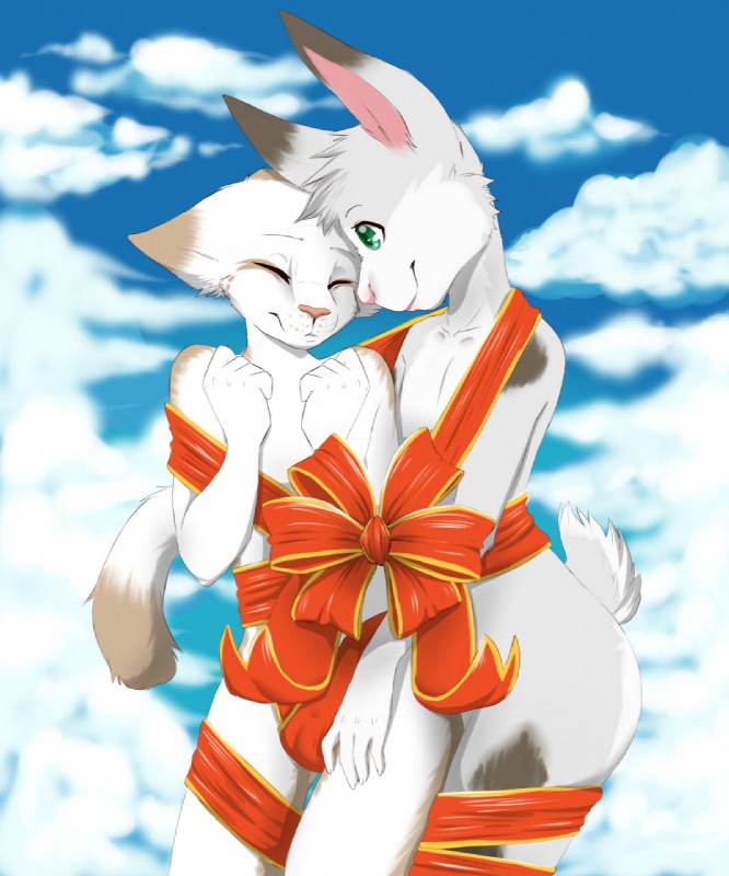 anthro bulge cloud duo eyes_closed male male/male ribbons smile standing babbuful felid lagomorph leporid mammal rabbit hi_res