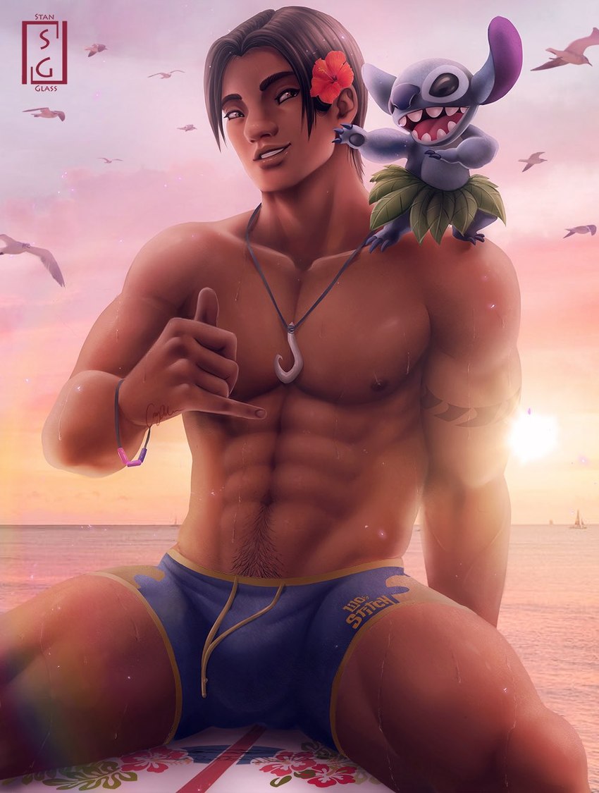 abs accessory anthro areola biceps boat body_hair bulge clothed clothing cloud day duo eyebrows flower flower_in_hair gesture hair hair_accessory hand_gesture happy_trail human_focus jewelry male muscular muscular_human muscular_male muscular_thighs navel necklace nipples not_furry_focus outside pecs plant quads sea shaka_sign sitting sky smile surfboard swimming_trunks swimwear teeth topless vehicle water watercraft wet stanglass disney lilo_and_stitch david_kawena stitch_(lilo_and_stitch) alien ambient_bird avian bird experiment_(lilo_and_stitch) human mammal 2023 digital_media_(artwork) hi_res