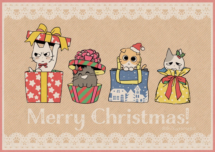 ambiguous_gender christmas_clothing christmas_headwear clothing feral group hat headgear headwear holidays present_wrap santa_hat whiskers mojacookie christmas shikaruneko_(series) amayakasuneko nagameruneko shikaruneko ureuneko domestic_cat felid feline felis mammal official_art