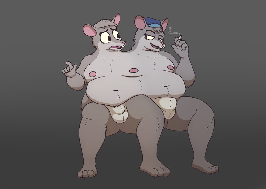 2_heads 3_legs anthro bulge conjoined duo male male/male multi_head overweight overweight_male slightly_chubby slightly_chubby_male smoking wide_dicephalous theyton mammal murid murine rat rodent hi_res