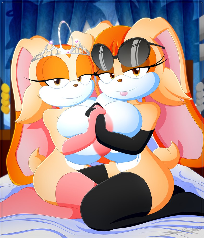 anthro areola armwear bed bedroom_eyes big_breasts breasts clothing crown duo elbow_gloves eyewear eyewear_on_head female furniture gloves hand_holding handwear headgear huge_breasts kneeling legwear looking_at_viewer mostly_nude narrowed_eyes seductive stockings sunglasses sunglasses_on_head tiara slickehedge sega sonic_the_hedgehog_(series) cream_the_rabbit vanilla_the_rabbit lagomorph leporid mammal rabbit hi_res daughter_(lore) mother_(lore) mother_and_child_(lore) mother_and_daughter_(lore) parent_(lore) parent_and_child_(lore) parent_and_daughter_(lore)