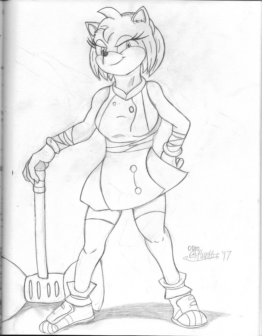 anthro clothed clothing dress eyelashes female footwear fur hair half-closed_eyes hammer holding_hammer holding_object holding_sledgehammer holding_tool looking_at_viewer mouth_closed narrowed_eyes pose shoes sledgehammer smile smiling_at_viewer smirk solo standing tools marcushunter sega sonic_the_hedgehog_(series) amy_rose eulipotyphlan hedgehog mammal 2017 graphite_(artwork) hi_res monochrome signature traditional_media_(artwork)