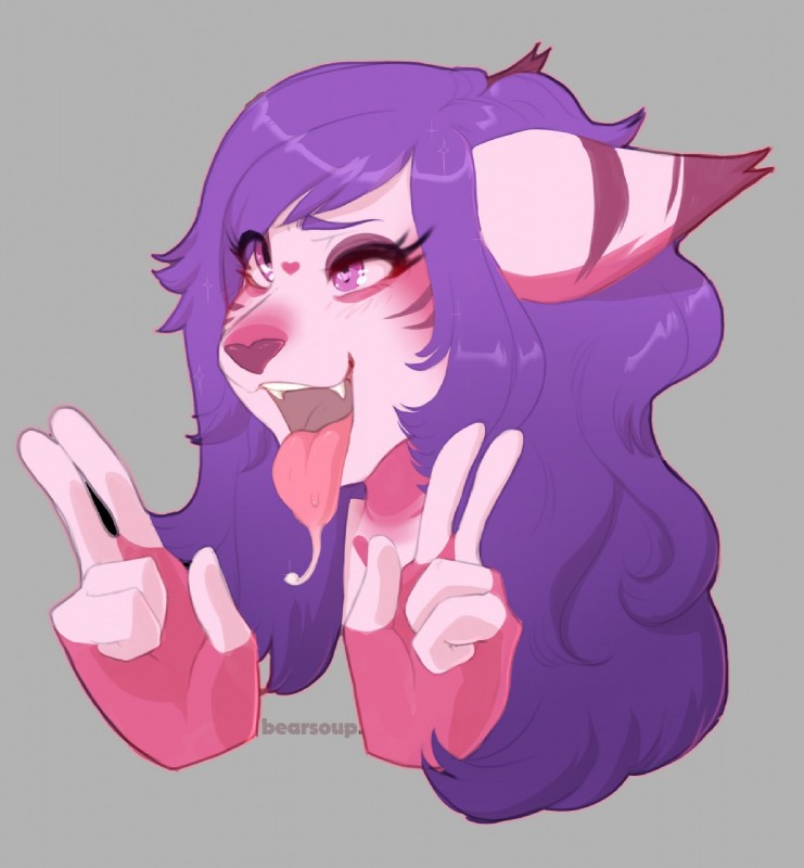 ahegao anthro blush bodily_fluids double_v_sign fangs female gesture hair hand_gesture looking_pleasured makeup mascara open_mouth saliva smile solo teeth tongue tongue_out v_sign emberwood felid mammal headshot_portrait hi_res portrait