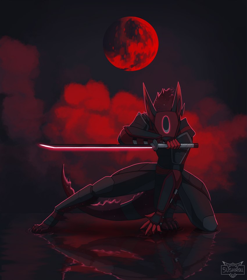 action_pose ambiguous_gender anthro armor blood_moon bracers claws detailed_background digitigrade fog full_moon glistening glistening_weapon holding_katana holding_melee_weapon holding_object holding_sword holding_weapon katana kneeling machine melee_weapon moon on_one_knee pose reflection samurai solo spread_legs spreading sword warrior water water_reflection weapon 5ushiroll khinaizo protogen 2022 cel_shading full-length_portrait hi_res portrait restricted_palette shaded male_(lore)