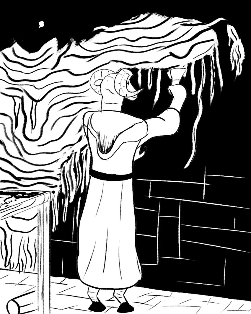 anthro brick_wall clothed clothing fingers furniture holding_object hooves male mouth_closed paint painting solo standing table wall_(structure) wood wood_furniture wood_table leprzil inktober bovid caprine mammal sheep 2022 4:5 digital_media_(artwork) hi_res monochrome