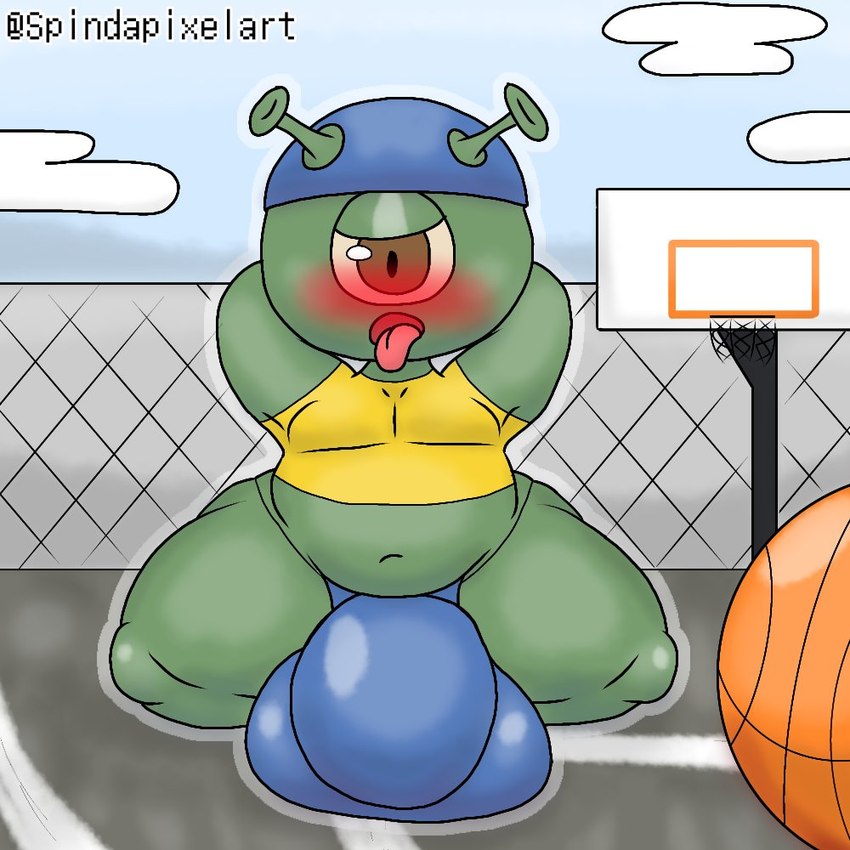 1_eye backwards_baseball_cap backwards_hat ball baseball_cap basketball_(ball) basketball_court basketball_hoop belly big_bulge blush brown_eyes bulge clothing detailed_bulge green_body hand_behind_back hat headgear headwear huge_bulge hyper hyper_bulge ineffective_clothing male navel open_mouth shirt solo thick_thighs tongue tongue_out topwear axoarts space_jam warner_brothers alien_kid_(space_jam) fan_character alien alien_humanoid humanoid 1:1 2022