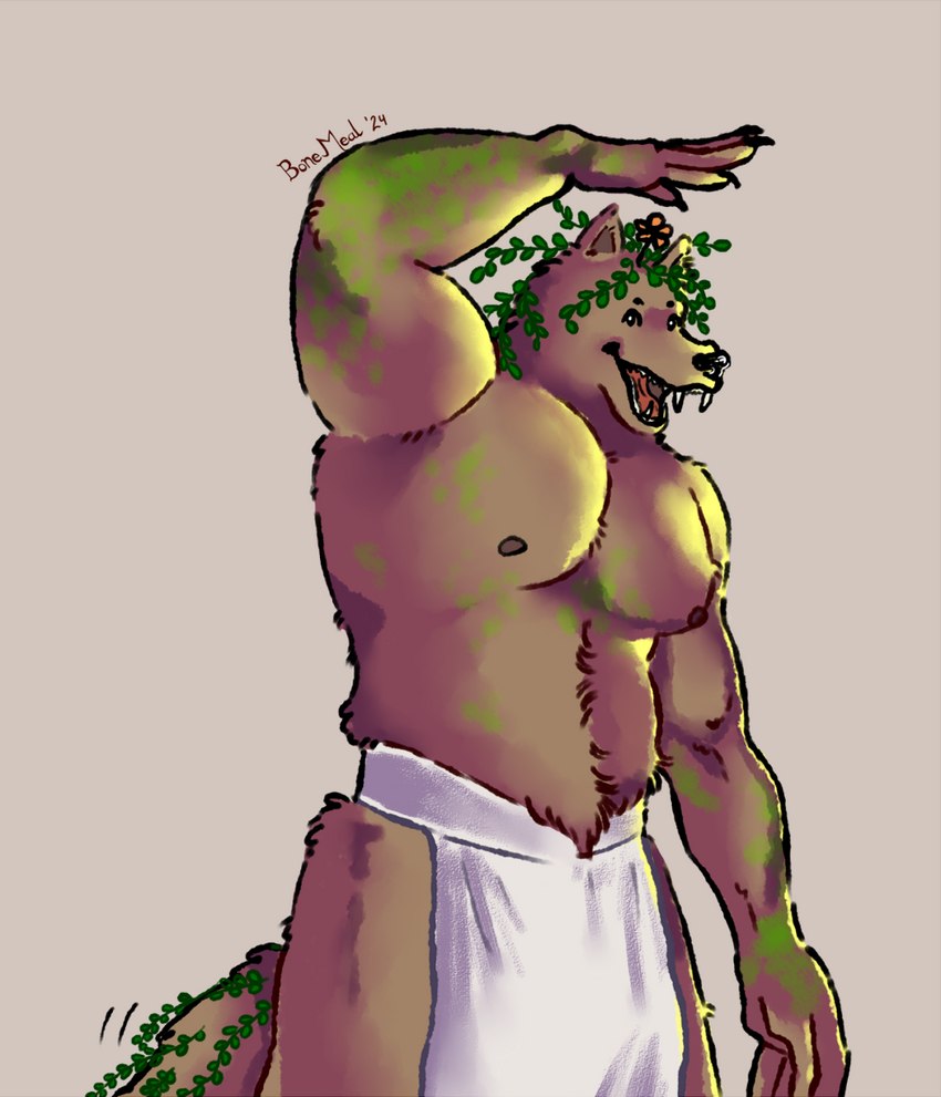 anthro bottomwear brown_body brown_fur claws clothing fur loincloth male moss muscular muscular_male nipples open_mouth plant simple_background solo tail tail_motion tailwag vines bonemeal mythology canid canine canis mammal mythological_canine mythological_creature werecanid werecanine werecreature werewolf wolf shaded