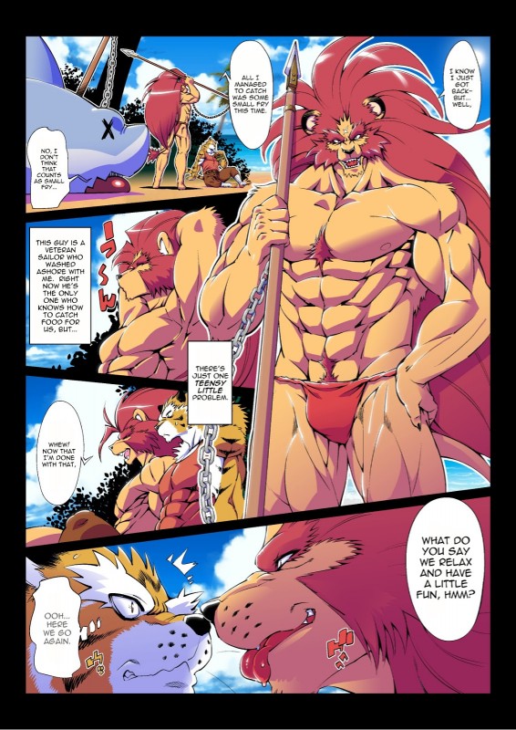 abs anthro body_hair chest_hair clothed clothing dialogue duo hair imminent_sex kemono long_hair male melee_weapon muscular pecs polearm pubes red_hair spear text tongue tongue_out topless weapon amakuchi felid fish lion mammal marine pantherine shark tiger comic english_text hi_res translated