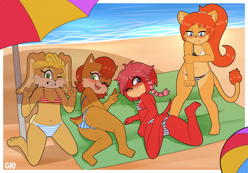 aged_down anthro ball beach beach_ball blush clothing female gesture group hand_gesture inflatable kneeling lying on_front on_side one_eye_closed plantigrade sea seaside standing swimwear umbrella v_sign water wink young young_anthro gi0 sega sonic_the_hedgehog_(series) belle_d'coolette lara-su sonia_acorn chipmunk echidna felid ground_squirrel lagomorph leporid lion mammal monotreme pantherine rabbit rodent sciurid hi_res