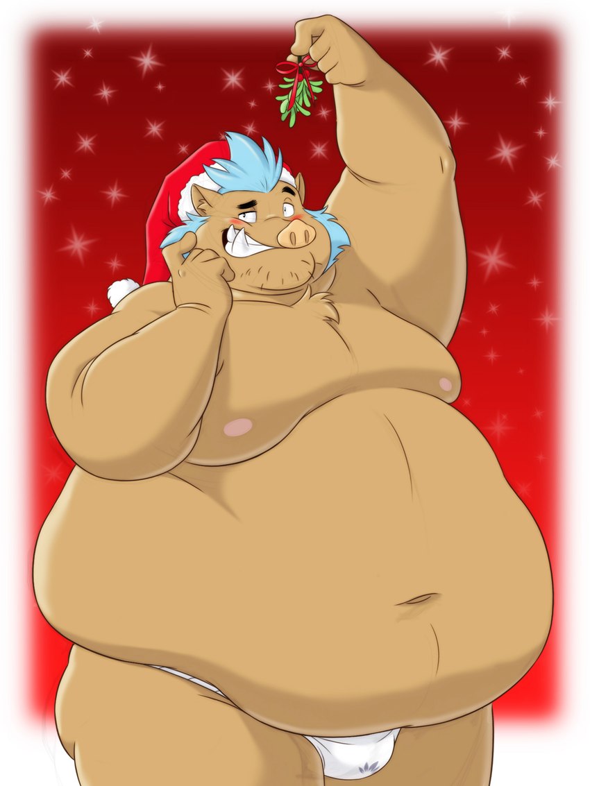 anthro asian_clothing belly big_belly christmas_clothing christmas_headwear clothing east_asian_clothing fundoshi hat headgear headwear holidays holly_(plant) japanese_clothing male mistletoe moobs navel nipples obese obese_male overweight overweight_male plant santa_hat simple_background solo underwear white_clothing white_fundoshi white_underwear pokelai christmas lifewonders tokyo_afterschool_summoners ganglie_(tas) mammal suid suina sus_(pig) wild_boar 2023 3:4 hi_res