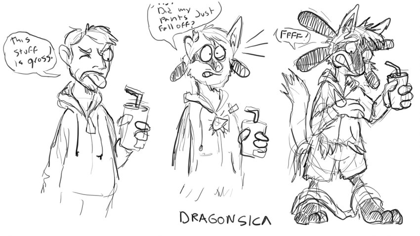 anthro beverage bottomless chest_spike clothed clothing container cup featureless_crotch freaking_out fur fur_growth growth hoodie male one_eye_closed oversized_clothing partially_clothed shrinking size_transformation sketchy snout snout_growth solo speech_bubble spikes spikes_(anatomy) text tongue tongue_out topwear torn_clothing transformation dragonsica nintendo pokemon canid canine generation_4_pokemon human lucario mammal pokemon_(species) 16:9 2023 black_and_white english_text hi_res monochrome signature widescreen