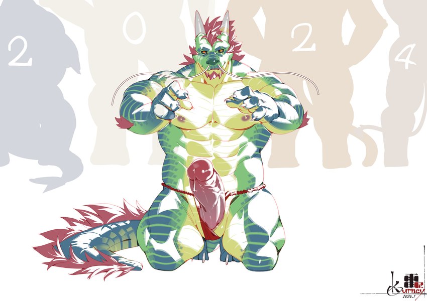 2_horns abs animal_genitalia anthro asian_clothing barbel_(anatomy) biceps blue_body blue_scales bodily_fluids claws clothing clothing_aside dripping east_asian_clothing flesh_whiskers fundoshi fundoshi_aside genital_fluids genital_slit genitals green_body green_scales hair holidays horn japanese_clothing male multicolored_body multicolored_scales muscular muscular_male nipples pecs penis precum precum_drip red_hair scales tail underwear underwear_aside vein veiny_penis yellow_body yellow_scales kourney chinese_new_year chinese_zodiac mythology new_year_2024 year_of_the_dragon rigid_(kourney) dragon eastern_dragon mythological_creature mythological_scalie scalie 2024 absurd_res hi_res