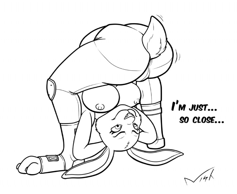 anthro breasts butt clothed clothing dialogue female flexible hands_behind_head motion_lines nipples smile solo text tight_clothing topless upside_down yoga nisharu disney zootopia judy_hopps lagomorph leporid mammal rabbit 2016 digital_drawing_(artwork) digital_media_(artwork) english_text monochrome