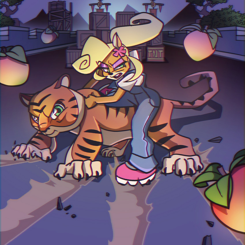 accessory anthro blonde_hair box clothing container duo explosives eyeshadow female flower flower_in_hair food fruit fur green_eyes hair hair_accessory makeup orange_body orange_fur overalls plant ponytail power_slide sliding striped_body striped_fur stripes tnt wumpa_fruit unknown_artist activision akira_(film) akira_slide crash_bandicoot_(series) coco_bandicoot pura_(crash_bandicoot) bandicoot felid feline mammal marsupial pantherine tiger 1:1 hi_res meme