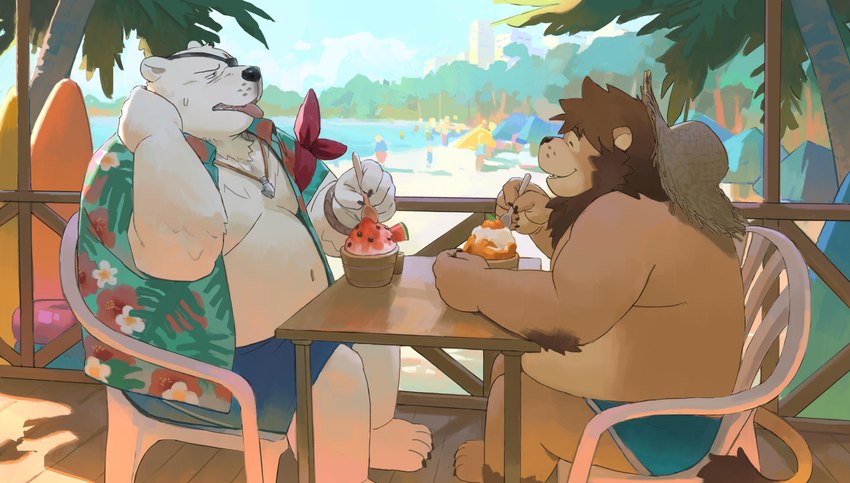 anthro arm_tuft armlet barazoku beach belly bodily_fluids bottomwear chair clothed clothing dessert detailed_background duo eating elbow_tuft eye_patch eyewear food furniture hat headgear headwear jewelry kemono male mane navel necklace open_clothing open_shirt open_topwear overweight overweight_male seaside shaved_ice shirt shorts straw_hat sweat table tongue tongue_out topwear tuft white_body huynhduyad14 epic_games fortnite polar_patroller ross_(rossciaco) bear felid lion mammal pantherine polar_bear ursine 2023 absurd_res hi_res