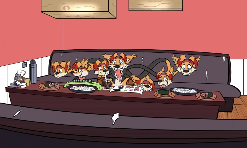 7_heads accessory beverage buffet clothing cutlery detailed_background drinking_straw ear_piercing eating food fork furniture headband jacket kitchen_utensils multi_head napkin narutomaki piercing restaurant rice soda solo soy_sauce spoon sushi table tongue tongue_out tools topwear transformation what trevor-fox canid canine fox mammal 5:3