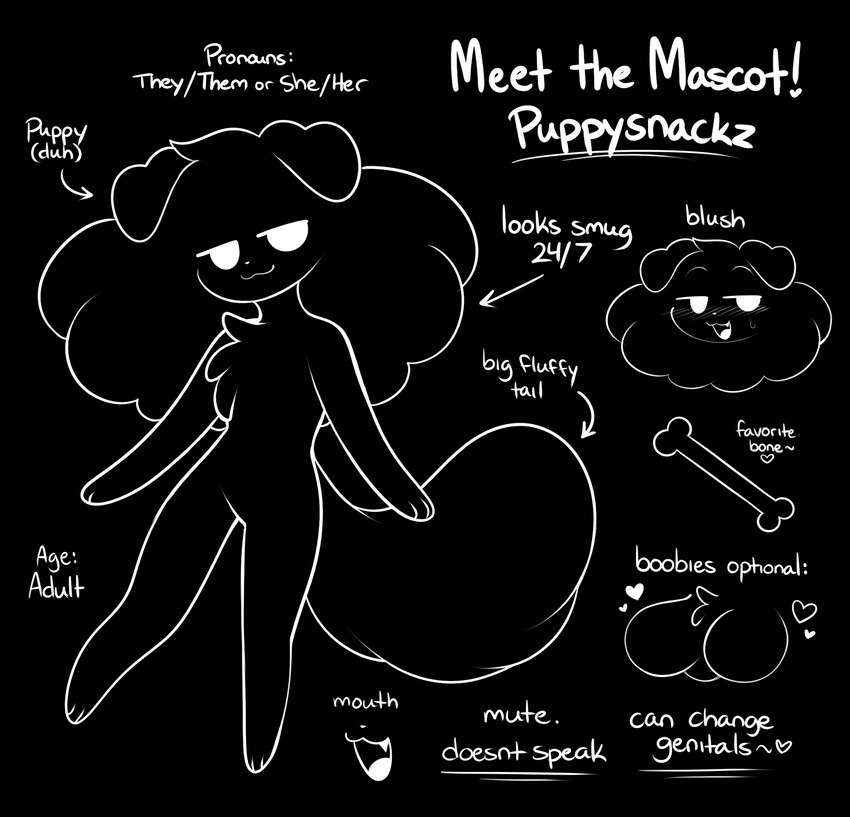 ambiguous_gender anthro big_tail blush bone breasts female fluffy fluffy_hair fluffy_tail folded_ears hair long_tail mute open_mouth smug smug_face solo tail text puppysnackz puppysnackz_(character) canid canine canis domestic_dog mammal english_text hi_res model_sheet monochrome