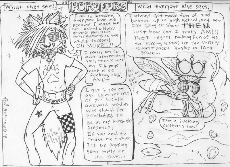 alternative_fashion anthro beaded_jewelry beads biped black_text bottomwear clothed clothing collar commentary comparison compound_eyes crown dialogue duo ear_piercing eyewear feces feces_pile feral front_view fully_clothed fur hair hands_on_hips headgear hipster insect_wings jewelry kandi_(jewelry) male midriff navel open_mouth pants piercing pointy_ears popufur prick_ears profanity rant rave scene_(fashion) scene_haircut shirt speech_bubble spiky_hair standing stereotype sunglasses t-shirt tail teeth text the_truth topwear wearing_eyewear wearing_sunglasses wings triadfox arthropod fly_(animal) insect 2011 black_and_white english_text monochrome pen_(artwork) traditional_media_(artwork)