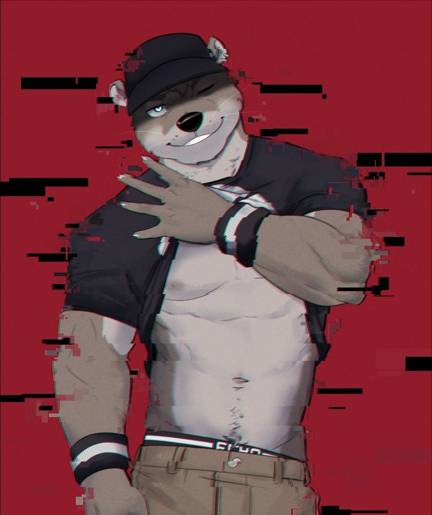 abs anthro black_clothing black_hat black_headwear black_shirt black_topwear blue_eyes bottomwear brown_body brown_fur cargo_shorts clothed clothing clothing_lift countershading fur glitch hat headgear headwear male muscular muscular_male one_eye_closed red_background shirt shirt_lift shorts simple_background smile solo teeth_showing topwear underwear wink wristband 9klipse echo_(game) echo_(series) echo_project sydney_bronson mammal mustelid otter 2021