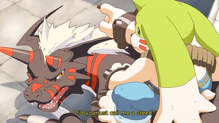 ammo_belt angry anthro bottomwear bracelet clothing denim denim_bottomwear denim_clothing duo feral hair horn humor jeans jewelry long_ears male pants riding shirtless steed text white_hair yellow_eyes dahecksajerry bandai_namco digimon blackgrowlmon digimon_(species) gargomon 16:9 english_text widescreen