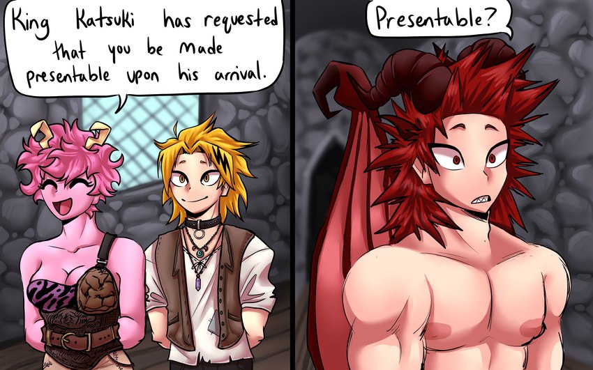 2_horns breasts choker cleavage clothed clothing dialogue female group horn jewelry male membrane_(anatomy) membranous_wings necklace speech_bubble text trio wings pretty_werewolf my_hero_academia ashido_mina denki_kaminari eijiro_kirishima human humanoid mammal winged_dragon winged_humanoid 16:10 absurd_res comic english_text hi_res widescreen