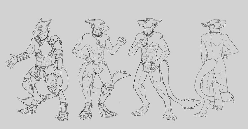 abs anthro armor butt clothed clothing front_view jockstrap male post-apocalyptic rear_view scar smile smiling_at_viewer smirk smirking_at_viewer solo standing underwear krahs_tsai chase_(krahs_tsai) sergal absurd_res hi_res