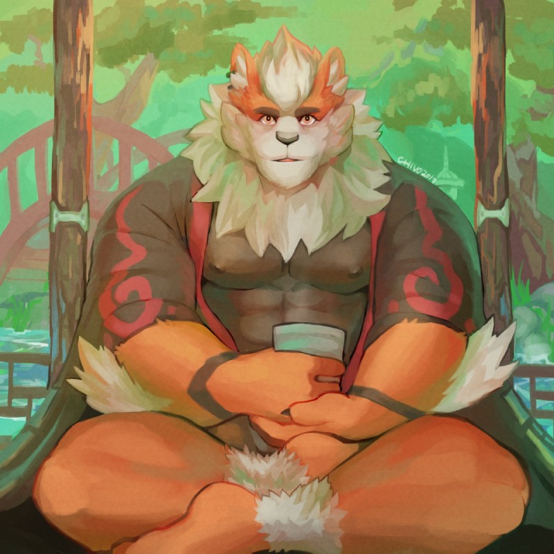 abs anthro anthrofied biped container crossed_legs cup holding_container holding_cup holding_object looking_at_viewer male muscular muscular_anthro muscular_male nipples pecs pokemorph sitting solo kalchivo nintendo pokemon arcanine canid canine generation_1_pokemon mammal pokemon_(species) 1:1 hi_res