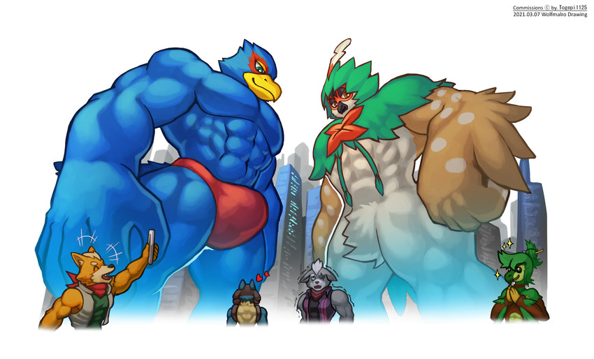 abs anthro biceps blue_body bulge city clothing eyes_closed fur group heart_symbol looking_down looming low-angle_view macro male micro muscular muscular_anthro muscular_male open_mouth pecs speedo swimwear taking_picture wolfmalro nintendo pokemon star_fox falco_lombardi fox_mccloud lime_ade wolf_o'donnell avian bird canid canine canis decidueye fox generation_4_pokemon generation_7_pokemon lucario mammal nevrean pokemon_(species) wolf 2021 hi_res