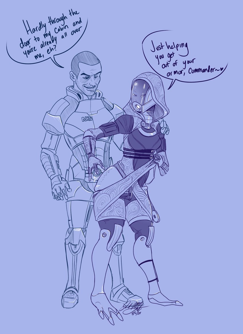 armor clothed clothing dialogue duo female fully_clothed headgear helmet human_on_humanoid interspecies male male/female not_furry standing text keroa bioware electronic_arts mass_effect commander_shepard tali'zorah alien alien_humanoid human humanoid mammal quarian 2024 absurd_res english_text hi_res