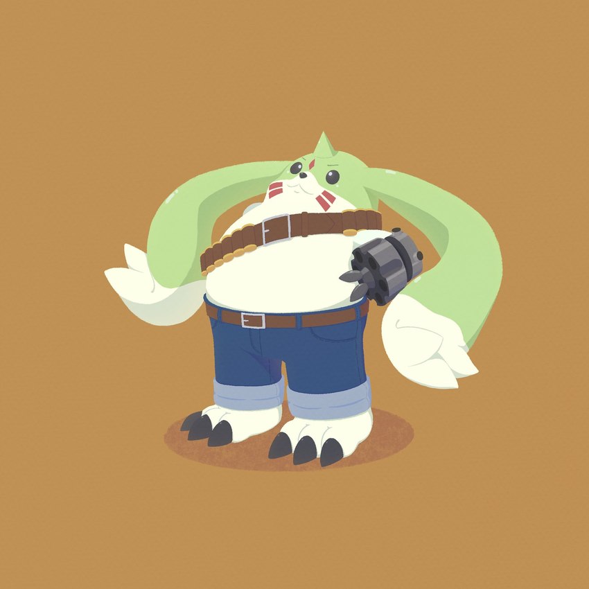 ammo_belt anthro barefoot beady_eyes belly bottomwear clothed clothing denim denim_bottomwear denim_clothing feet gun_arm horn jeans long_ears male pants slightly_chubby solo topless topless_anthro mumimushi bandai_namco digimon digimon_(species) gargomon 1:1 hi_res