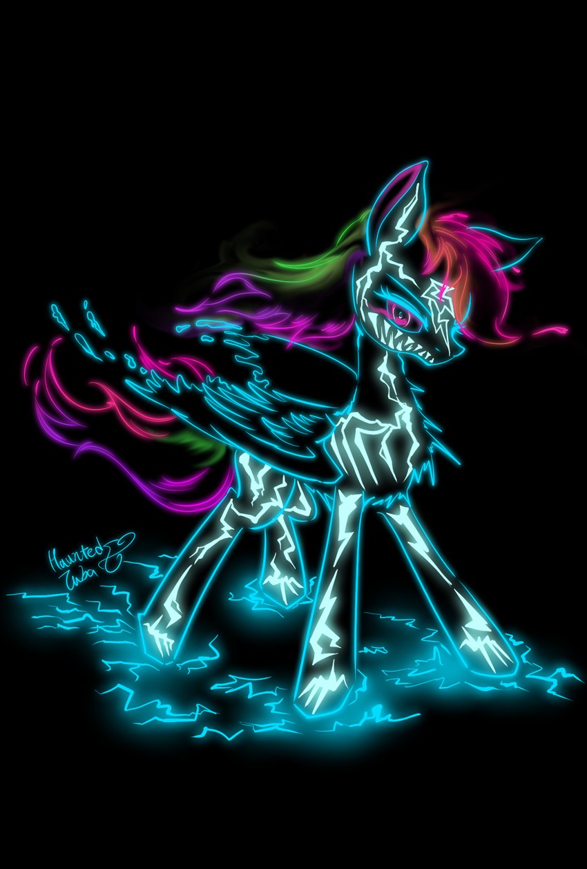 black_background electricity eye_mist feathered_wings feathers feral glowing hair looking_at_viewer multicolored_hair multicolored_tail pink_eyes simple_background solo tail wings hauntedtuba friendship_is_magic hasbro my_little_pony mythology rainbow_dash_(mlp) equid equine mammal mythological_creature mythological_equine pegasus 2022 colorful_theme full-length_portrait hi_res portrait