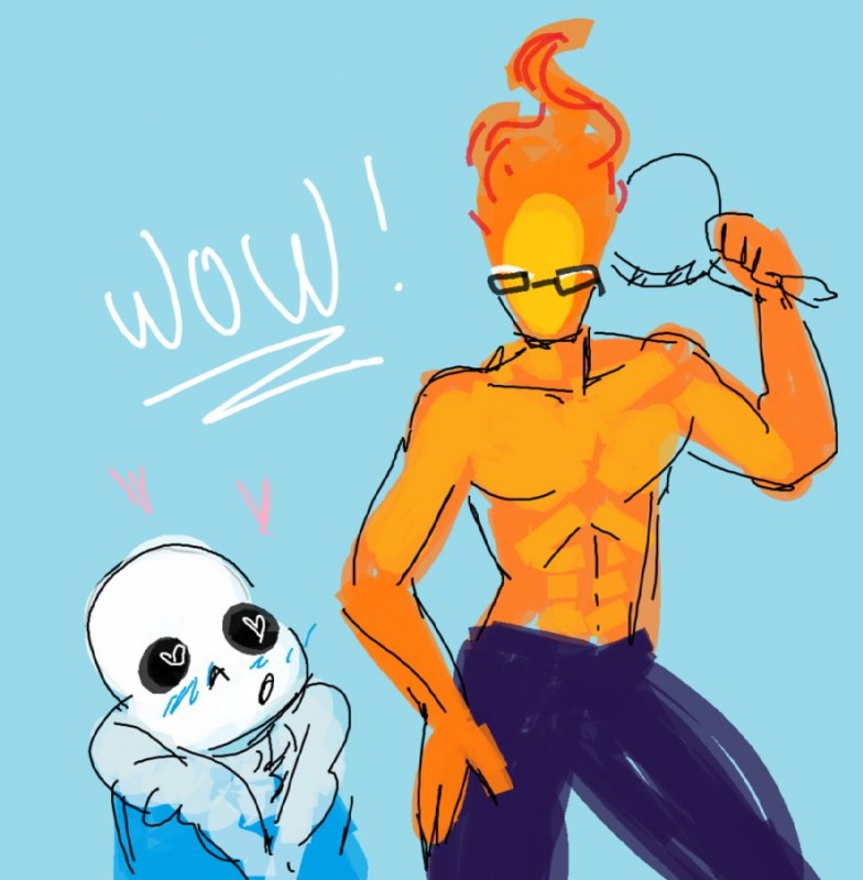 blush bone clothed clothing duo fire heart_symbol male male/male muscular muscular_male not_furry simple_background skeleton text topless fel-fisk sinisk undertale undertale_(series) grillby sans_(undertale) animated_skeleton elemental_creature elemental_humanoid fire_creature fire_humanoid humanoid undead color_contrast