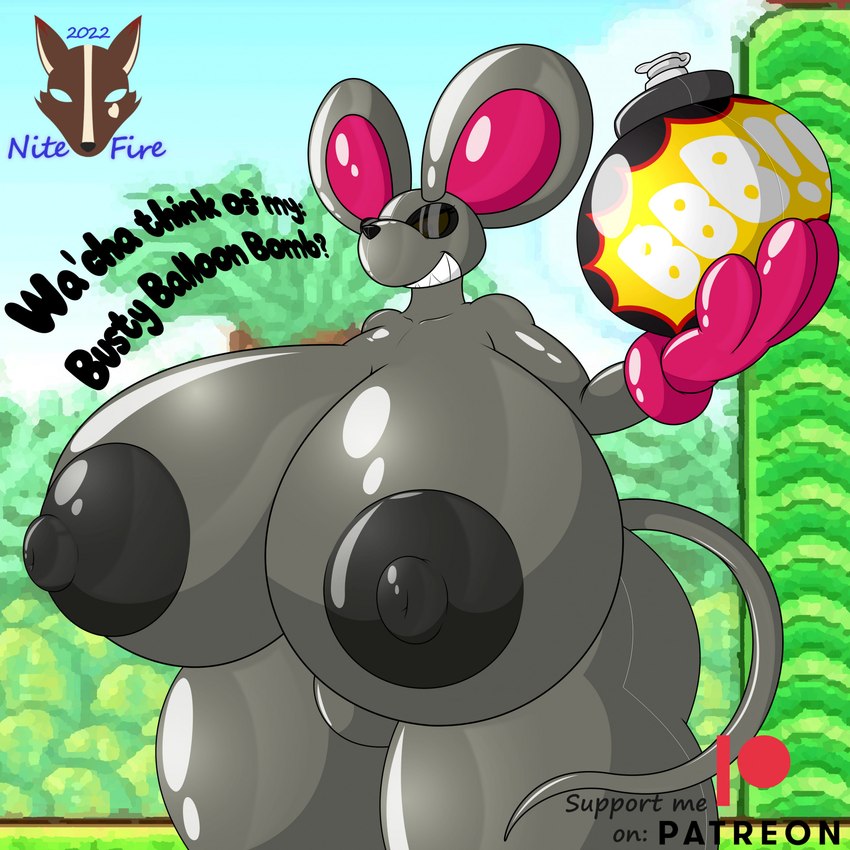 anthro big_breasts big_butt bomb breasts bulge butt clothing crossgender explosives eyewear female glistening gloves handwear huge_breasts huge_thighs hyper hyper_breasts inflatable latex nipples nozzle patreon_logo solo sunglasses text thick_thighs nitefire mario_bros nintendo patreon super_mario_bros._2 mouser animate_inanimate living_inflatable mammal mouse murid murine rodent 1:1 hi_res watermark