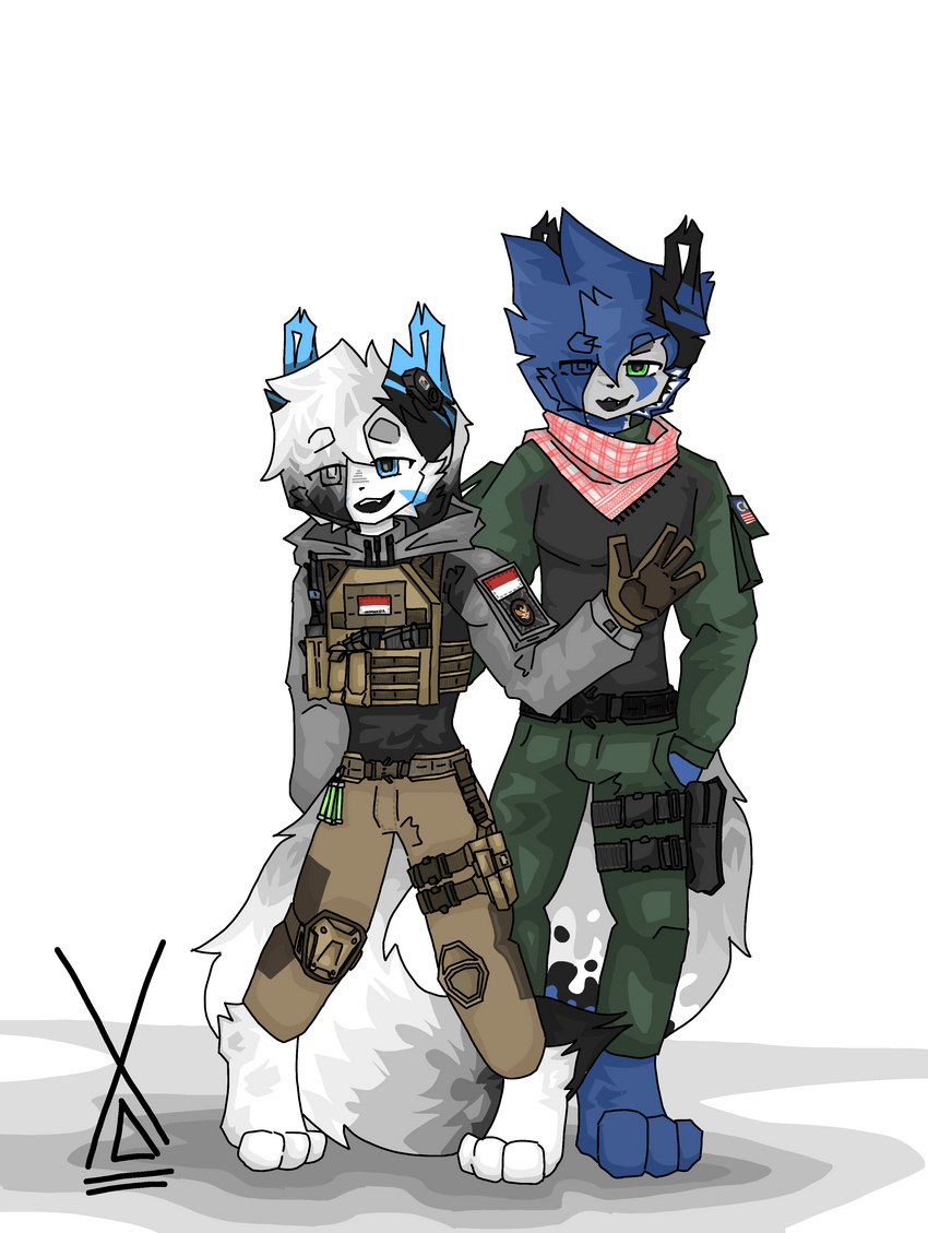 blue_hair bulletproof_vest clothing duo female fur grey_body grey_fur hair indonesia malaysian male male/female military military_uniform smile soldier uniform warrior white_body white_fur hz_foxy hz_(hz_foxy) canid canine domestic_cat felid feline felis fox mammal absurd_res hi_res