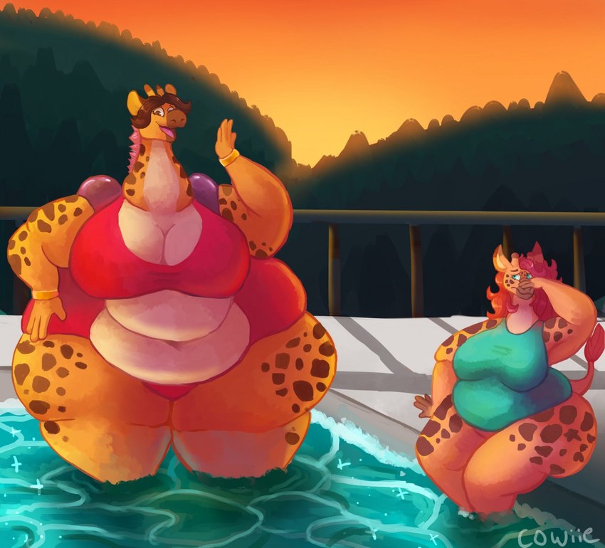 anthro big_breasts big_butt biped breasts brown_hair butt cleavage clothed clothing duo female fur hair horn huge_breasts huge_butt long_neck navel obese obese_anthro obese_female ossicone outside overweight overweight_anthro overweight_female partially_submerged pool sky smile standing sunset swimwear tail thick_thighs water wet yellow_body yellow_fur cowiie kubwa_kalua nyota_kalua giraffe giraffid mammal 2020 digital_drawing_(artwork) digital_media_(artwork)