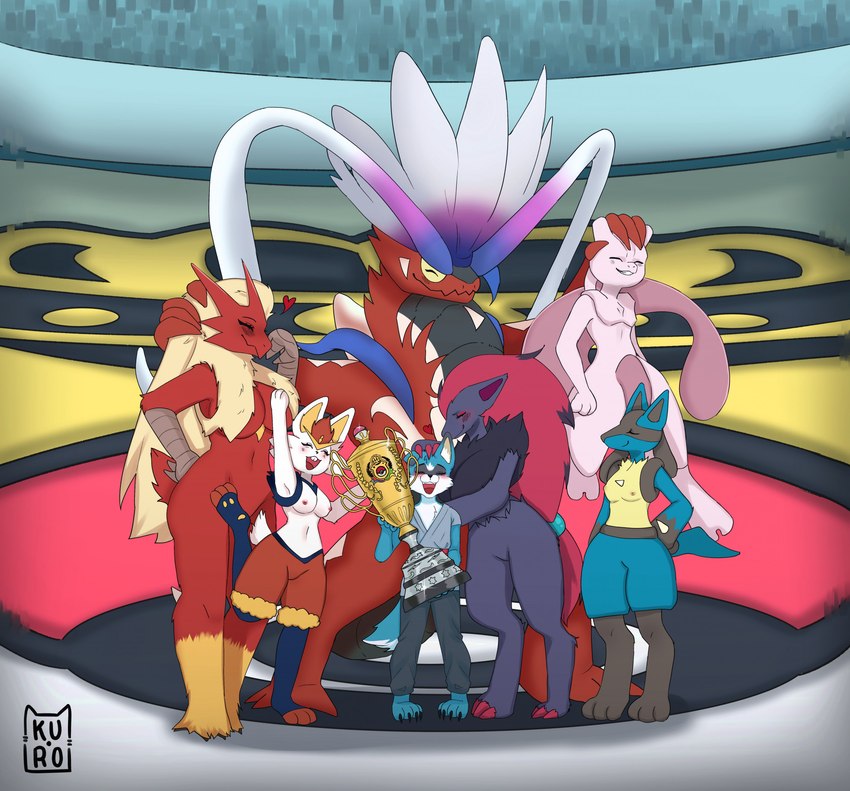 ambiguous_gender anthro blush breasts celebration eyes_closed female group happy love male nipples pokemon_champion size_difference smaller_male smile standing tail victory kurosita nintendo pokemon husky_lucario pokemon_trainer ancient_pokemon blaziken cinderace generation_1_pokemon generation_3_pokemon generation_4_pokemon generation_5_pokemon generation_8_pokemon generation_9_pokemon koraidon legendary_pokemon lucario mewtwo paradox_pokemon pokemon_(species) zoroark hi_res sketch