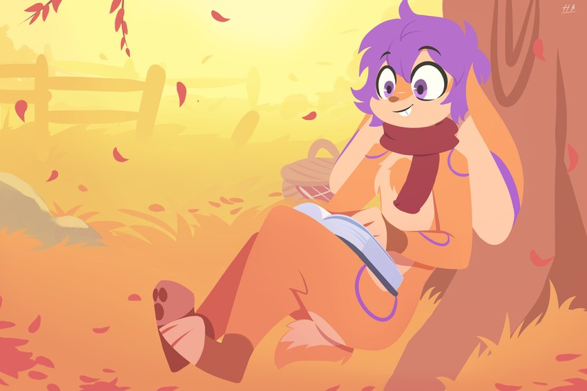 anthro autumn autumn_leaves buckteeth day falling_leaves fur grass light markings orange_body orange_fur outside plant purple_eyes purple_markings smile solo teeth hydrabb lagomorph leporid mammal rabbit 2021 3:2 digital_media_(artwork) hi_res lighting lineless