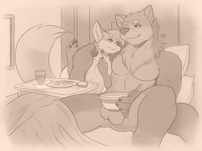 anthro balls bed big_balls breakfast_in_bed cereal cuddling duo eating femboy food furniture genitals hug male male/male muscular nude pecs pillow size_difference silveredge chris_(silveredge) liam_(silveredge) canid canine canis fox mammal wolf 4:3 hi_res monochrome sepia