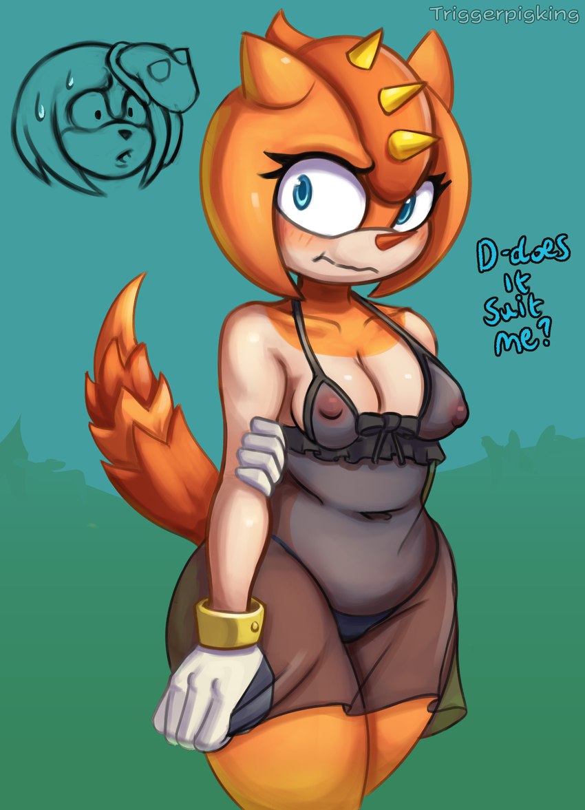 anthro anthro_on_anthro areola blue_eyes blush bodily_fluids breasts clothed clothing dialogue duo female gloves handwear lingerie male male/female multicolored_body nipples orange_body simple_background sweat tan_body text translucent translucent_clothing two_tone_body triggerpigart sega sonic_the_hedgehog_(series) knuckles_the_echidna trip_the_sungazer girdled_lizard lizard reptile scalie sungazer_(lizard) 2024 english_text hi_res