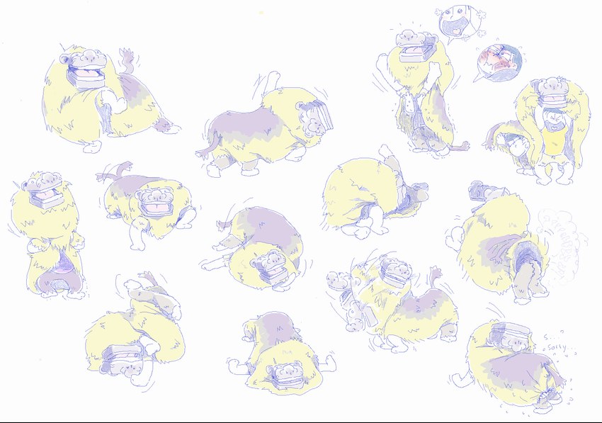 ambiguous_gender fart feral fur simple_background smile solo white_background yellow_body yellow_fur 2n2n asian_mythology east_asian_mythology japanese_mythology mythology foo_dog komainu mammal yokai 2018 sketch_page