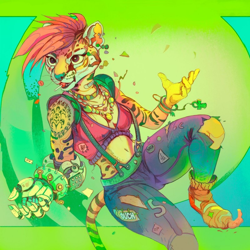 5_fingers anthro breasts clothed clothing ear_piercing ear_ring female fingers hair open_mouth piercing pink_hair ring_piercing solo teeth alectorfencer felid feline mammal serval 1:1 2019 digital_media_(artwork)