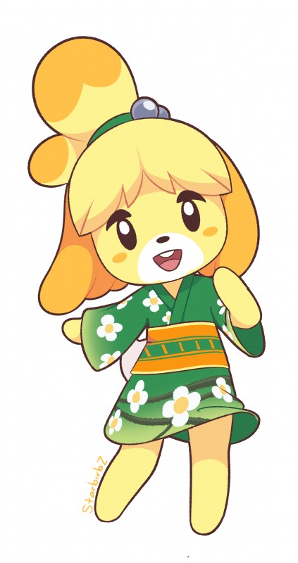 anthro asian_clothing barefoot black_eyes blonde_hair buckteeth clothed clothing east_asian_clothing feet female flat_chested fur hair happy japanese_clothing kimono looking_at_viewer open_mouth raised_arm sash short_hair simple_background smile solo standing teeth topknot yellow_body yellow_fur starbirbz animal_crossing nintendo isabelle_(animal_crossing) canid canine canis domestic_dog mammal shih_tzu toy_dog absurd_res full-length_portrait hi_res portrait signature