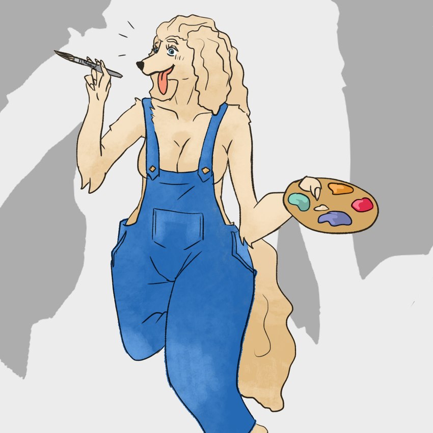 anthro blonde_hair blue_eyes breasts cleavage clothed clothing female fur hair overalls overalls_only paint_palette painting painting_(action) simple_background smile solo tongue tongue_out wavy_hair yellow_body yellow_fur dubharts bird_dog canid canine canis cocker_spaniel domestic_dog hunting_dog mammal spaniel hi_res